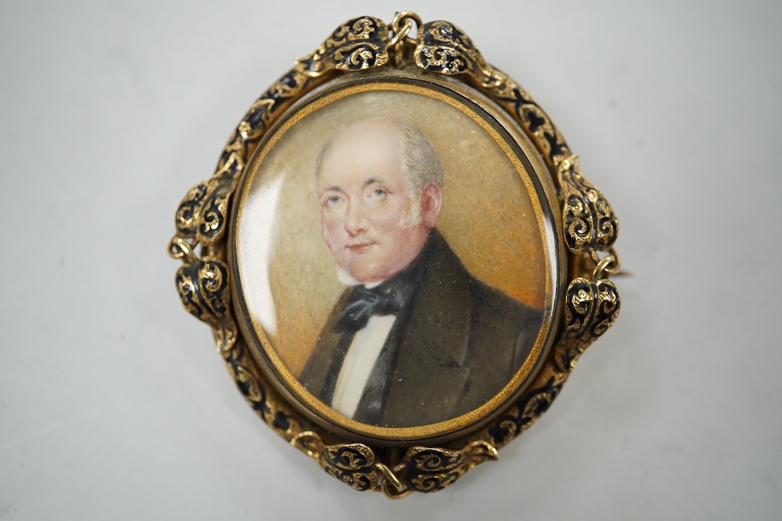 19th century, English School, mourning portrait miniature for James Lord, OBT 3rd Feb. 1860, A.78, housed in a yellow metal (tests as gold) and enamelled pendant brooch frame with hair-work and seed pearl panel verso, wa